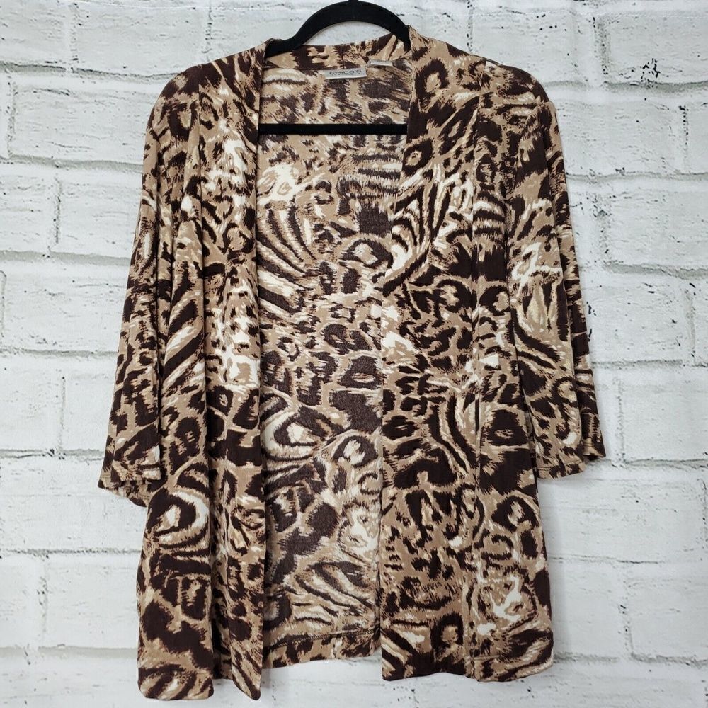 Chico's Travelers Brown & Tan Open Front Animal Print Cardigan Jacket Chico's 1